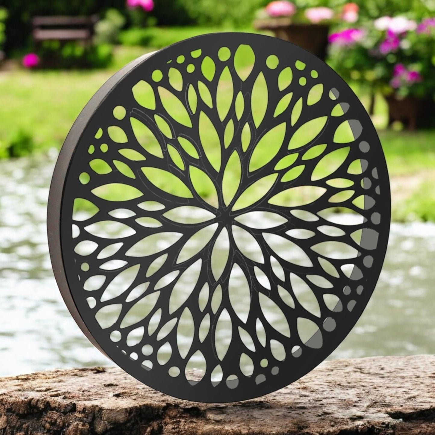 Metal Abstract Flower Solar Wall Panel – 40 x 40 x 5 CM | Solar-Powered Outdoor Wall Art | Metal Garden Panel with LED Light for Patio