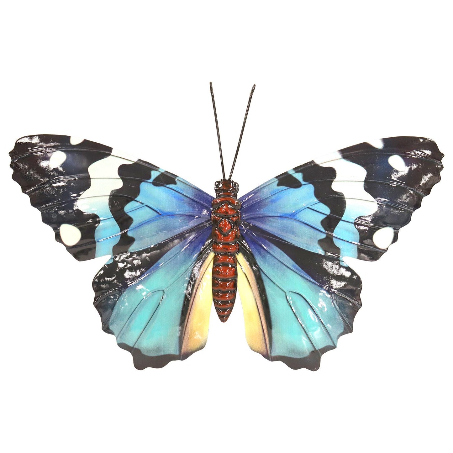 Medium Metal Blue Butterfly Wall Art – 23 x 34 x 1 CM | Hand-Painted 3D Butterfly Décor | Weatherproof Metal Wall Decoration for Garden