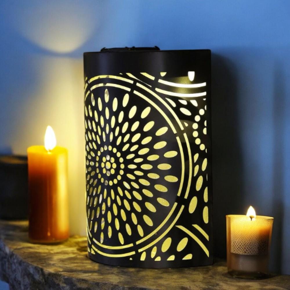 Small Metal Curved Moroccan Solar Wall Panel β 25.5 x 19 x 5.5 CM | Solar-Powered Outdoor Wall Art | Weatherproof Garden Panel for Patio