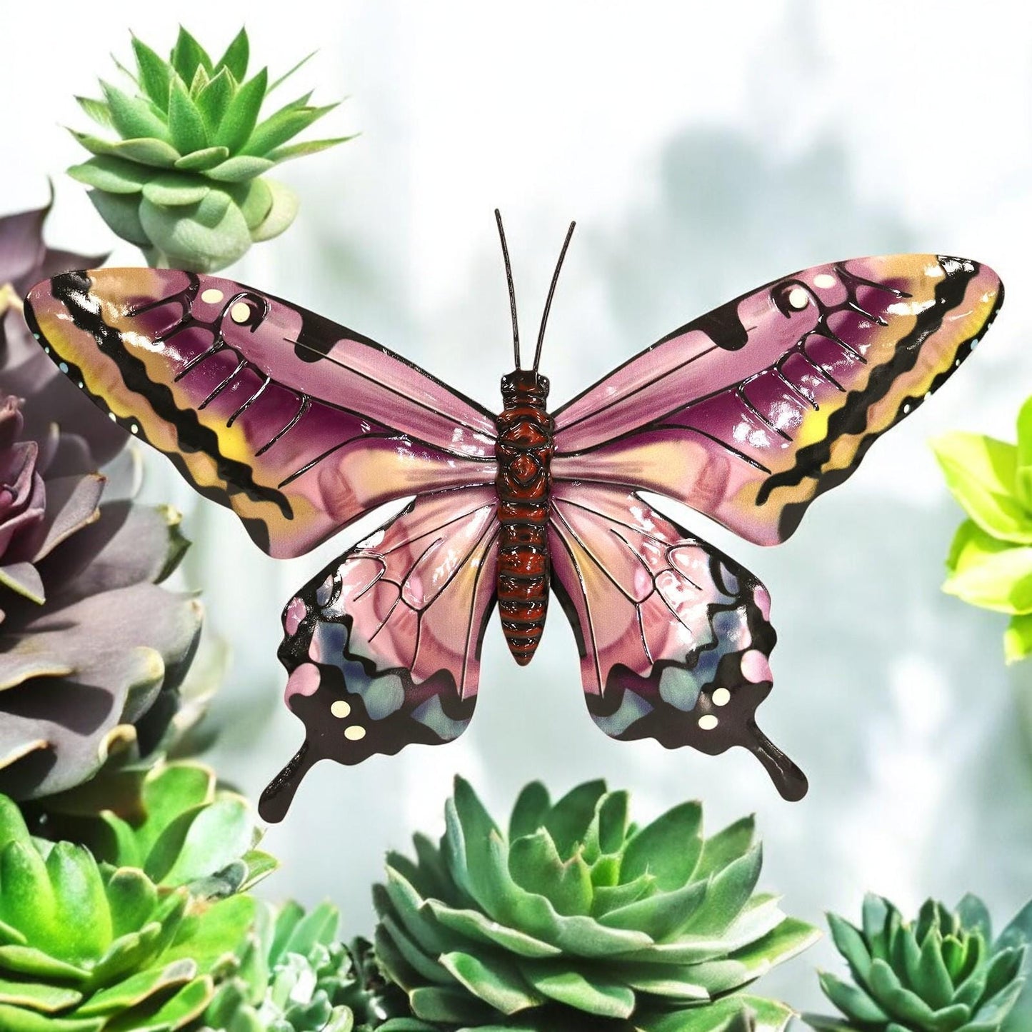 Medium Metal Pink Butterfly Wall Art – 24 x 37 x 1 CM | Hand-Painted 3D Butterfly Decoration | Weatherproof Metal Wall Décor for Garden