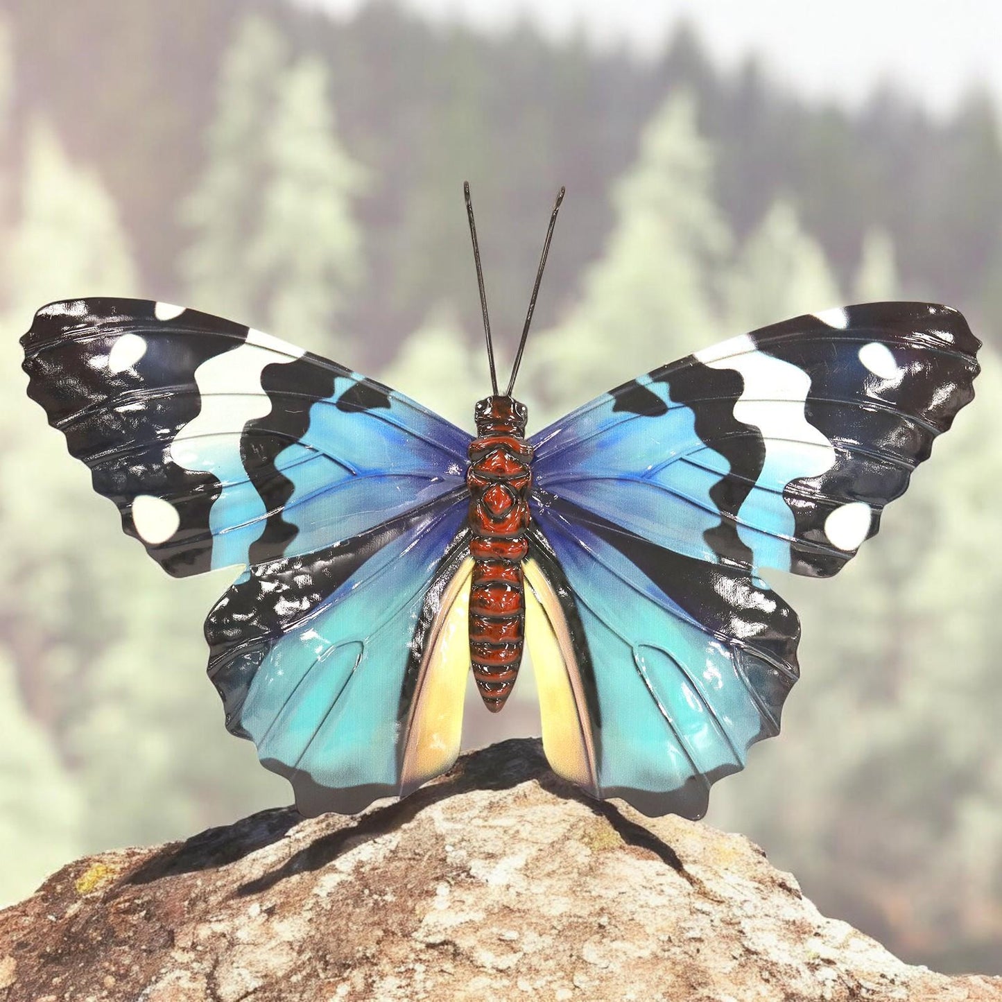 Medium Metal Blue Butterfly Wall Art – 23 x 34 x 1 CM | Hand-Painted 3D Butterfly Décor | Weatherproof Metal Wall Decoration for Garden