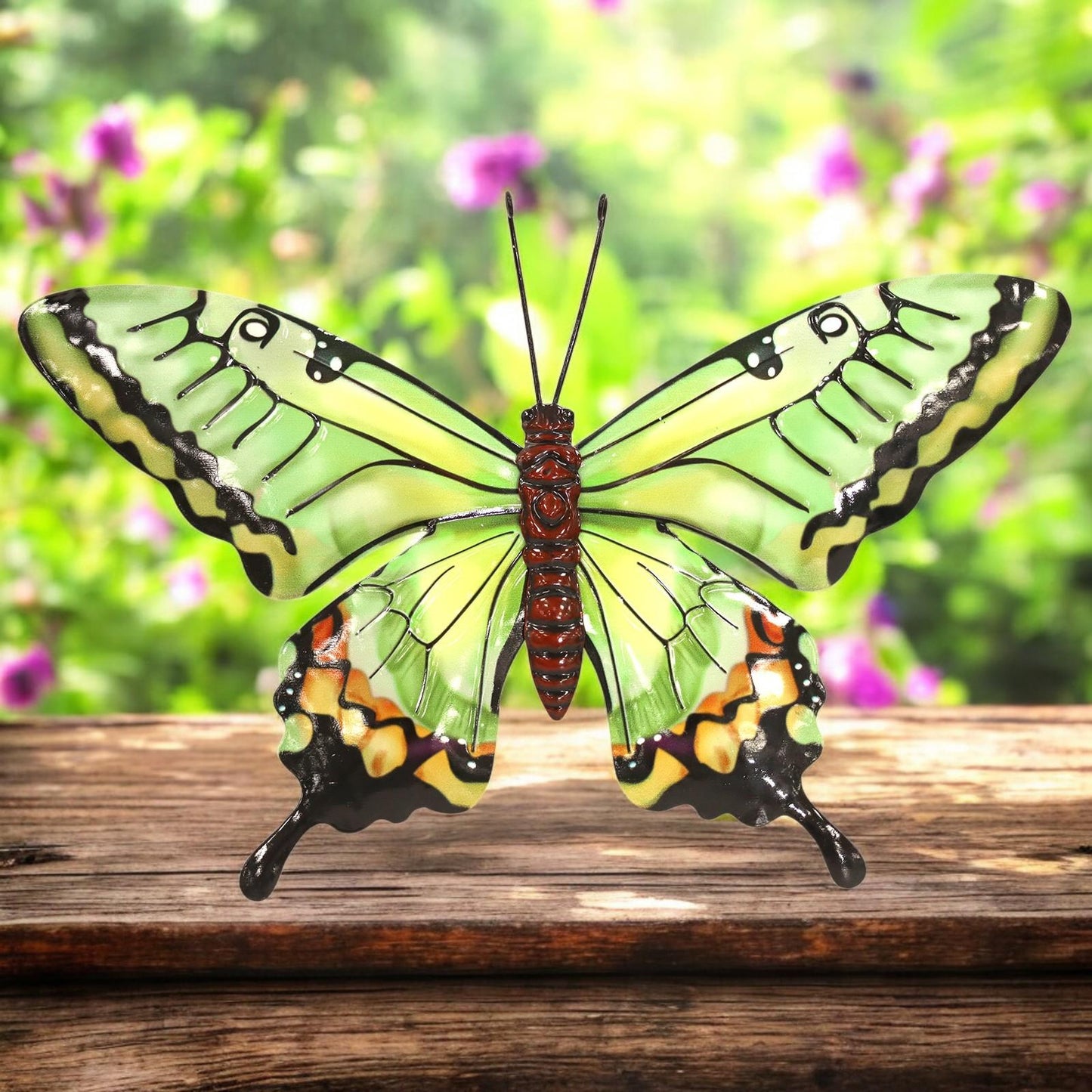 Medium Metal Green Butterfly Wall Art – 23 x 37 x 1 CM | Hand-Painted 3D Butterfly Decoration | Weatherproof Metal Wall Décor for Garden