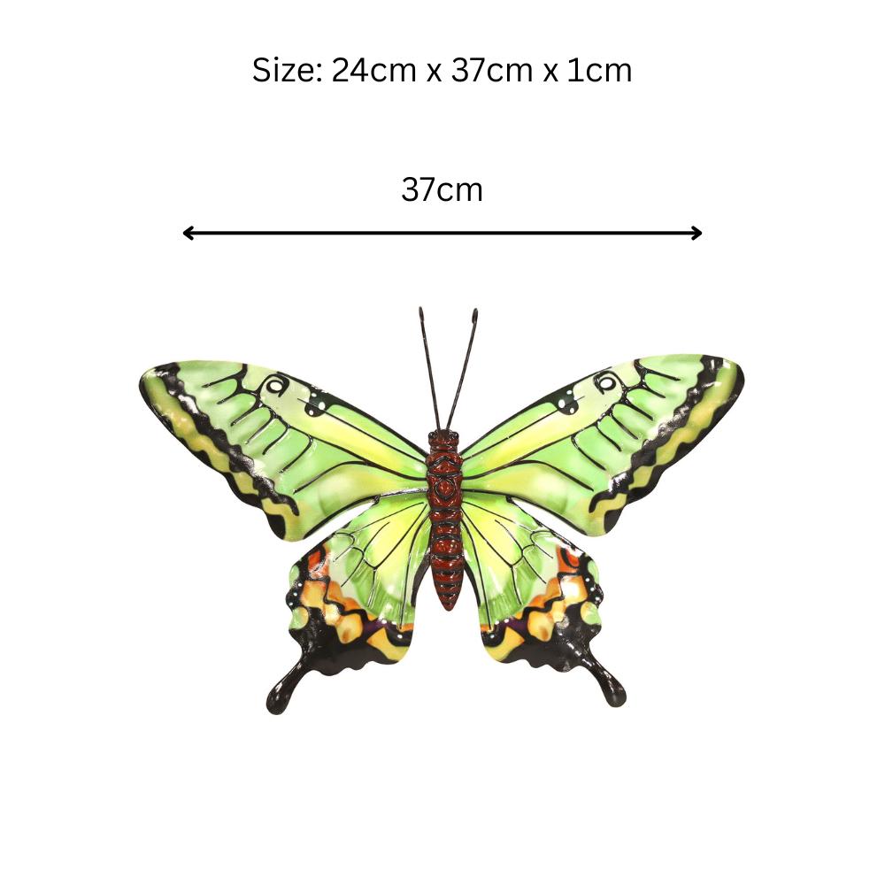 Medium Metal Green Butterfly Wall Art – 23 x 37 x 1 CM | Hand-Painted 3D Butterfly Decoration | Weatherproof Metal Wall Décor for Garden