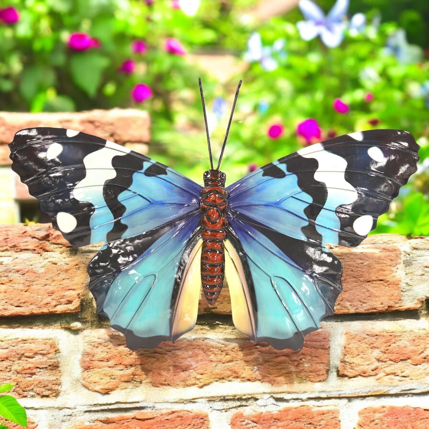 Medium Metal Blue Butterfly Wall Art – 23 x 34 x 1 CM | Hand-Painted 3D Butterfly Décor | Weatherproof Metal Wall Decoration for Garden
