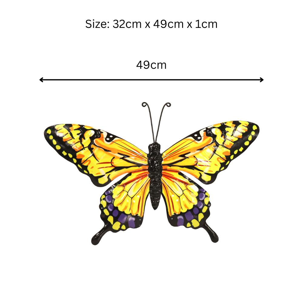 Metal Yellow Butterfly Wall Art – 32 x 49 x 1 CM | 3D Hand-Painted Metal Butterfly Décor | Weatherproof Indoor & Outdoor Wall Decoration