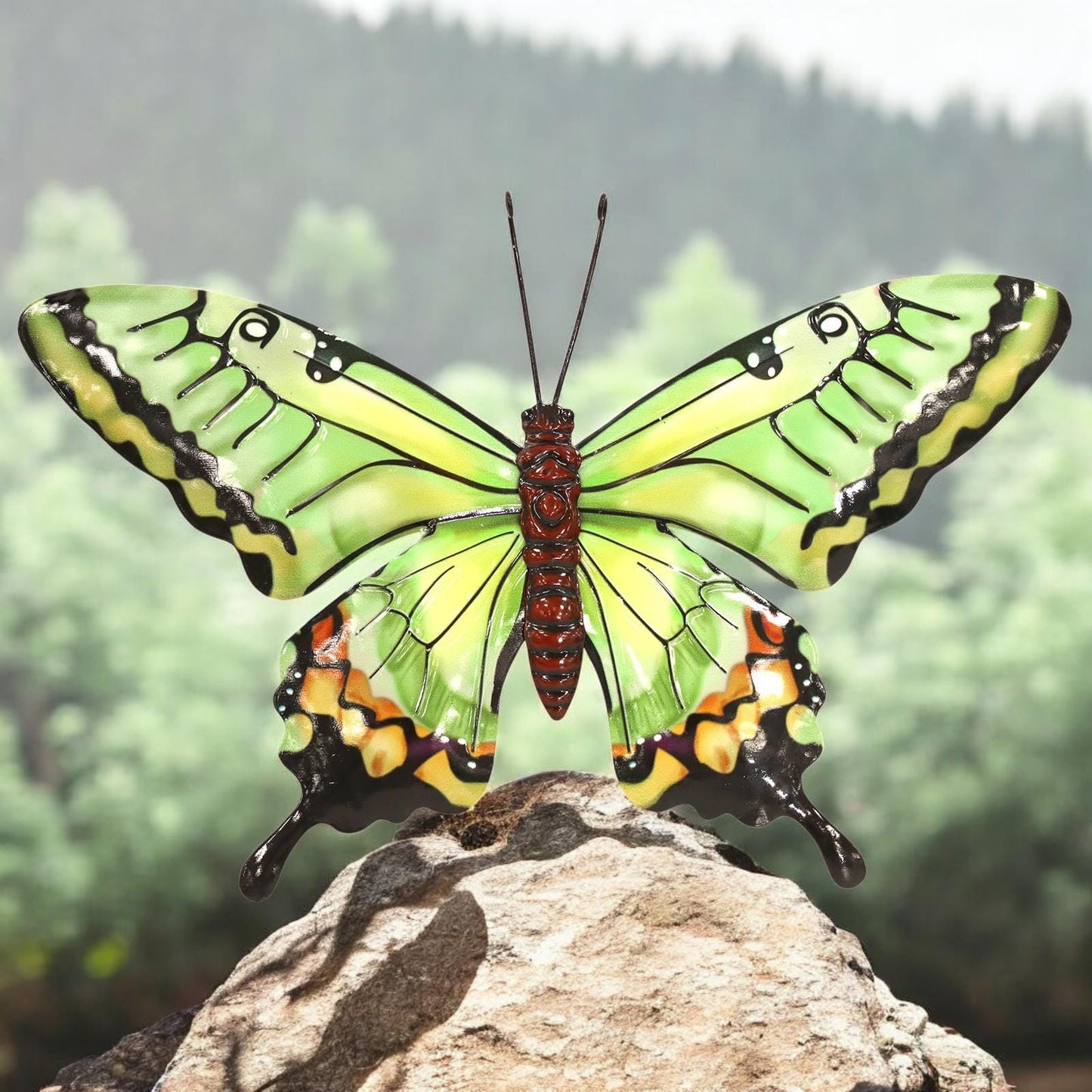 Medium Metal Green Butterfly Wall Art – 23 x 37 x 1 CM | Hand-Painted 3D Butterfly Decoration | Weatherproof Metal Wall Décor for Garden