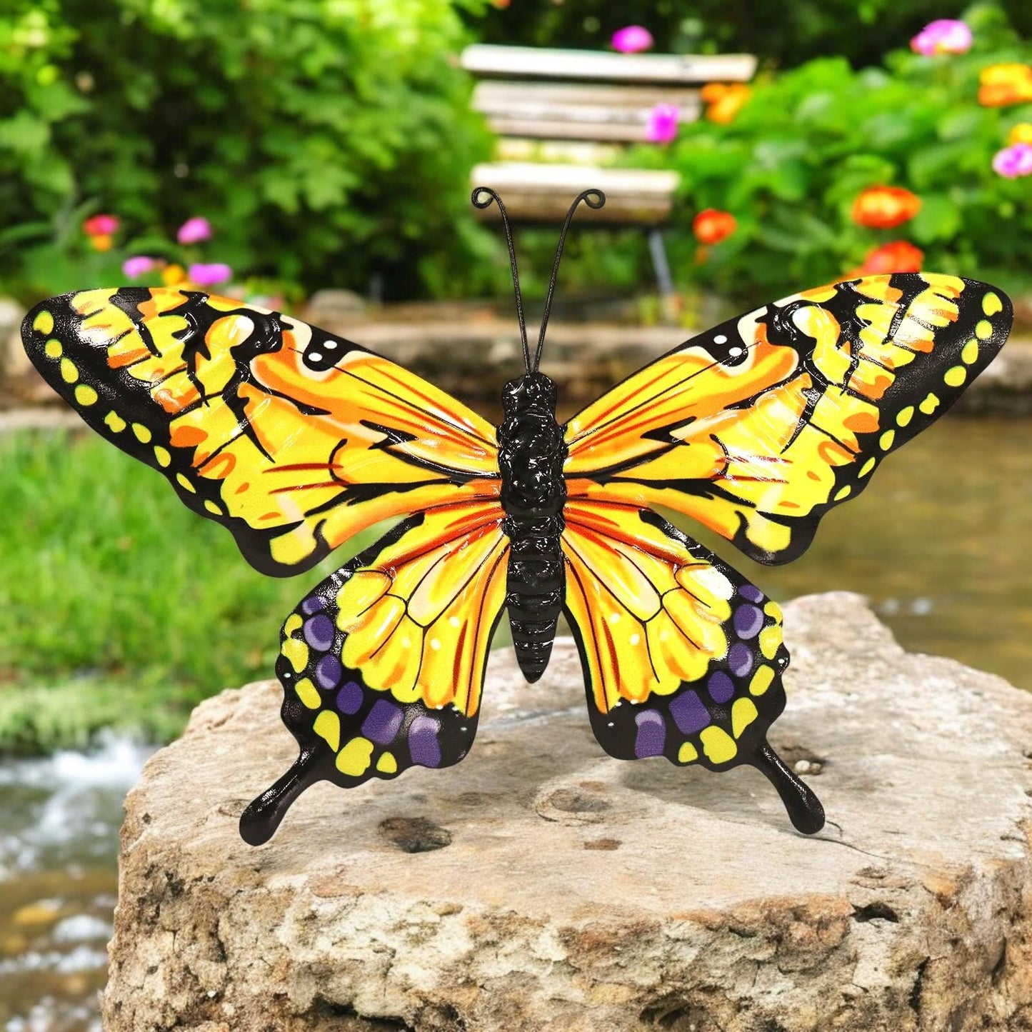 Metal Yellow Butterfly Wall Art – 32 x 49 x 1 CM | 3D Hand-Painted Metal Butterfly Décor | Weatherproof Indoor & Outdoor Wall Decoration