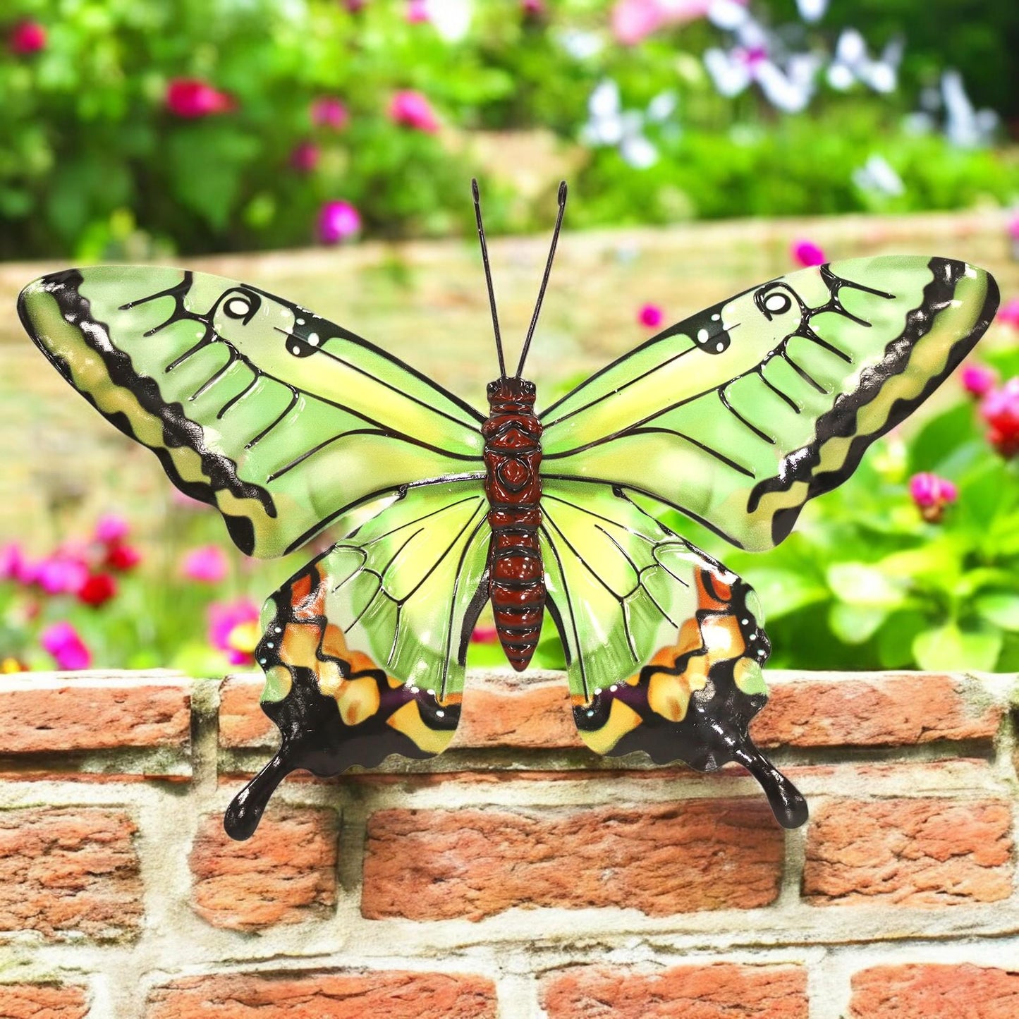 Medium Metal Green Butterfly Wall Art – 23 x 37 x 1 CM | Hand-Painted 3D Butterfly Decoration | Weatherproof Metal Wall Décor for Garden