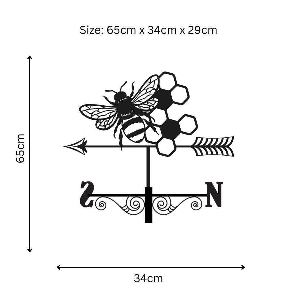 Metal Bee Silhouette Weathervane β 65 x 34 x 29 CM | Decorative Outdoor Wind Vane for Garden, Roof, Fence & Shed