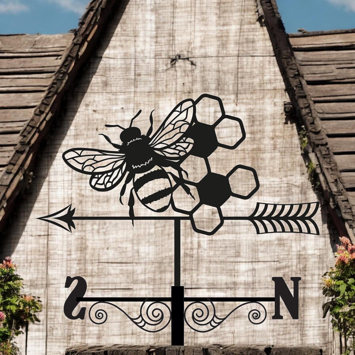 Metal Bee Silhouette Weathervane β 65 x 34 x 29 CM | Decorative Outdoor Wind Vane for Garden, Roof, Fence & Shed