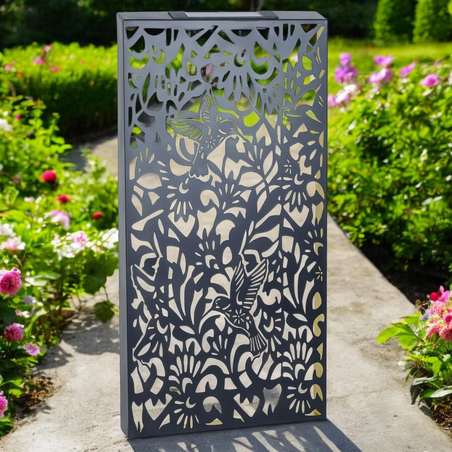 Large Metal Hummingbird Solar Wall Panel – 70 x 30 x 5 CM | Solar-Powered Outdoor Wall Art | Weatherproof LED Garden Panel for Patio