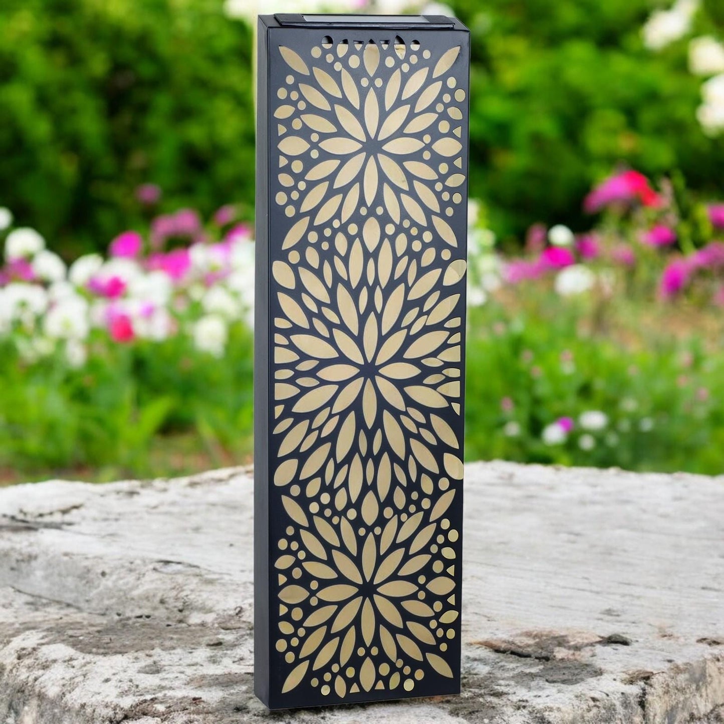 Metal Flower Solar Wall Panel β 60 x 20 x 5 CM | Solar-Powered Outdoor Wall Art | Weatherproof Metal Garden Decor