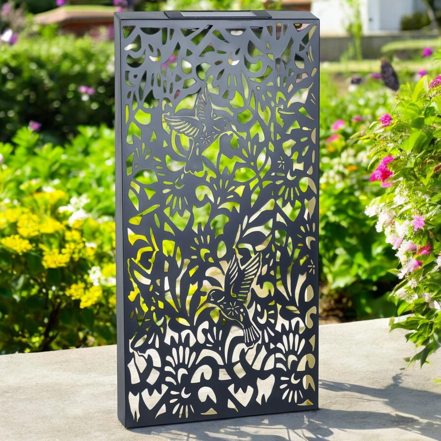 Large Metal Hummingbird Solar Wall Panel – 70 x 30 x 5 CM | Solar-Powered Outdoor Wall Art | Weatherproof LED Garden Panel for Patio