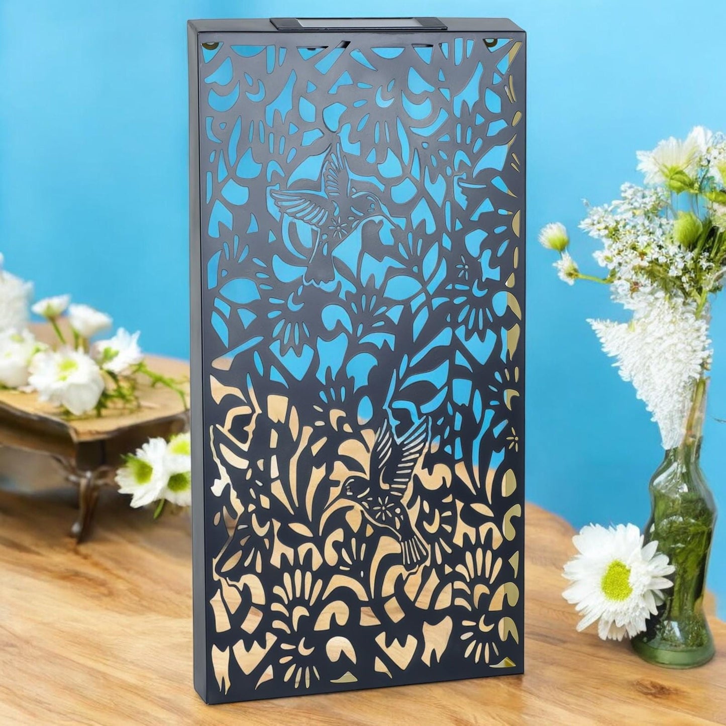 Large Metal Hummingbird Solar Wall Panel – 70 x 30 x 5 CM | Solar-Powered Outdoor Wall Art | Weatherproof LED Garden Panel for Patio