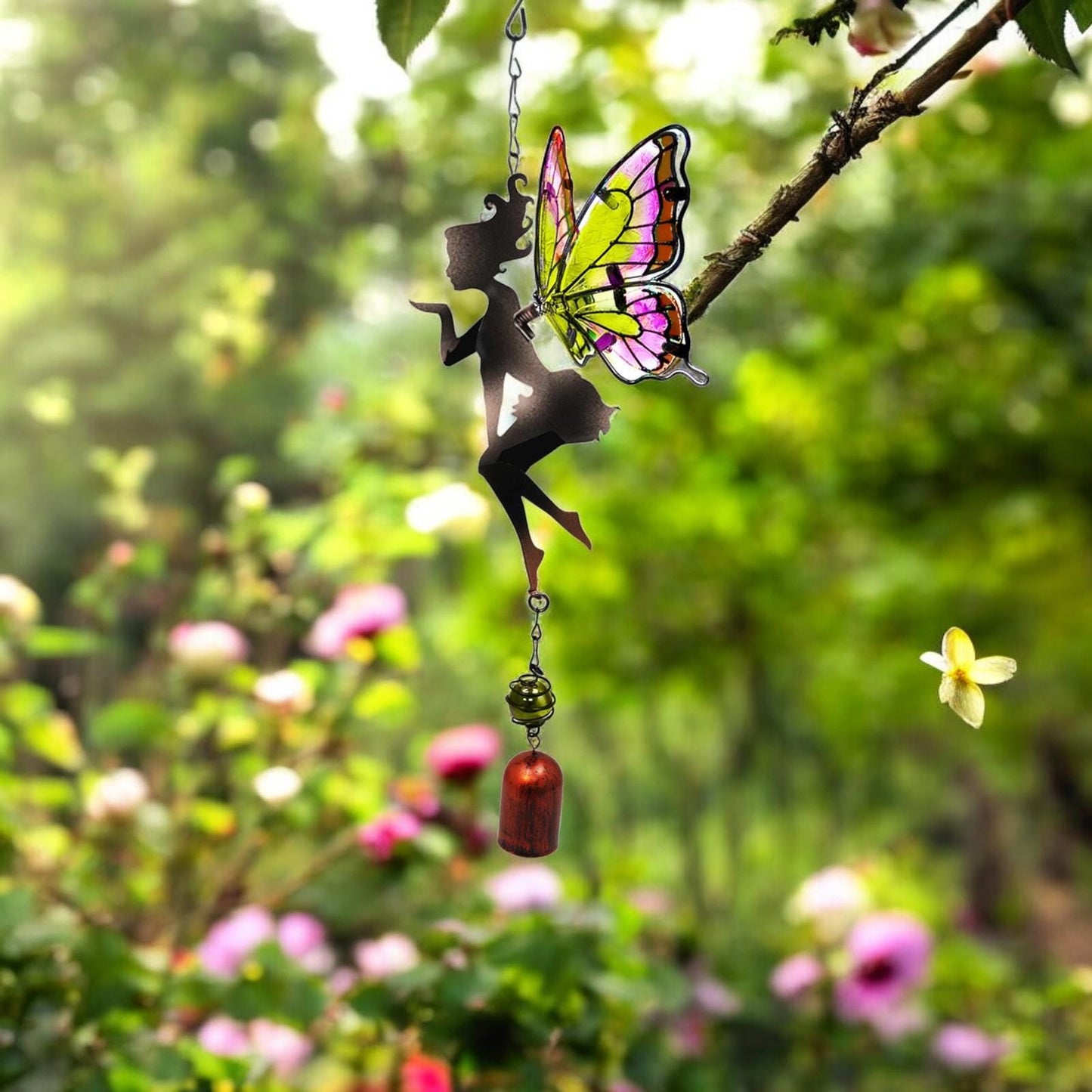Pink/Yellow Hanging Fairy Bell Chime - Soothing Fairy Bell with Delicate Chimes & Vibrant Design – Weather-Resistant Metal Hanging Ornament