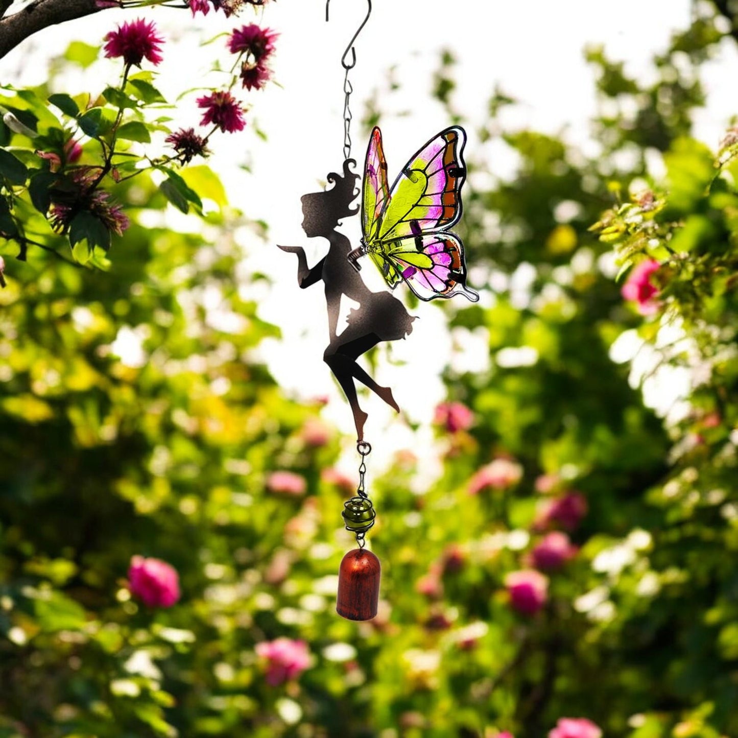 Pink/Yellow Hanging Fairy Bell Chime - Soothing Fairy Bell with Delicate Chimes & Vibrant Design – Weather-Resistant Metal Hanging Ornament