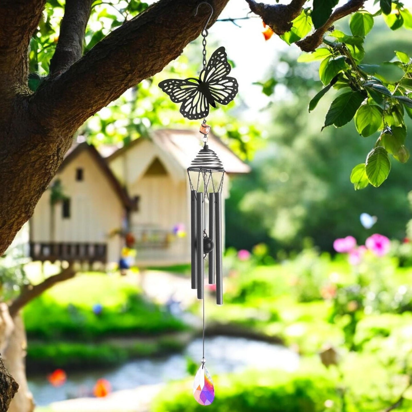 Silhouette Butterfly Wind Chime - Elegant Black Design for Garden Décor