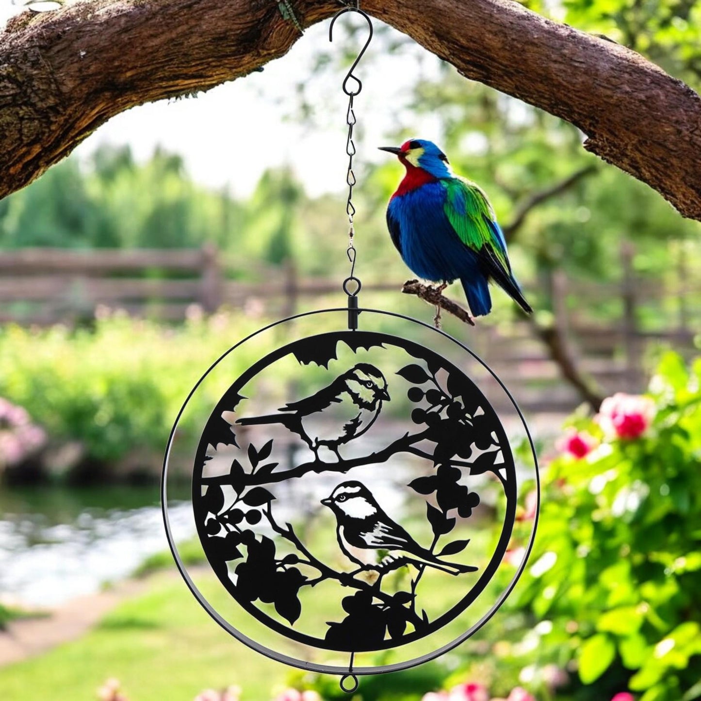 Black Metal Blue Tit Orbit Spinner - Elegant Kinetic Silhouette Décor for Indoor Outdoor Spaces