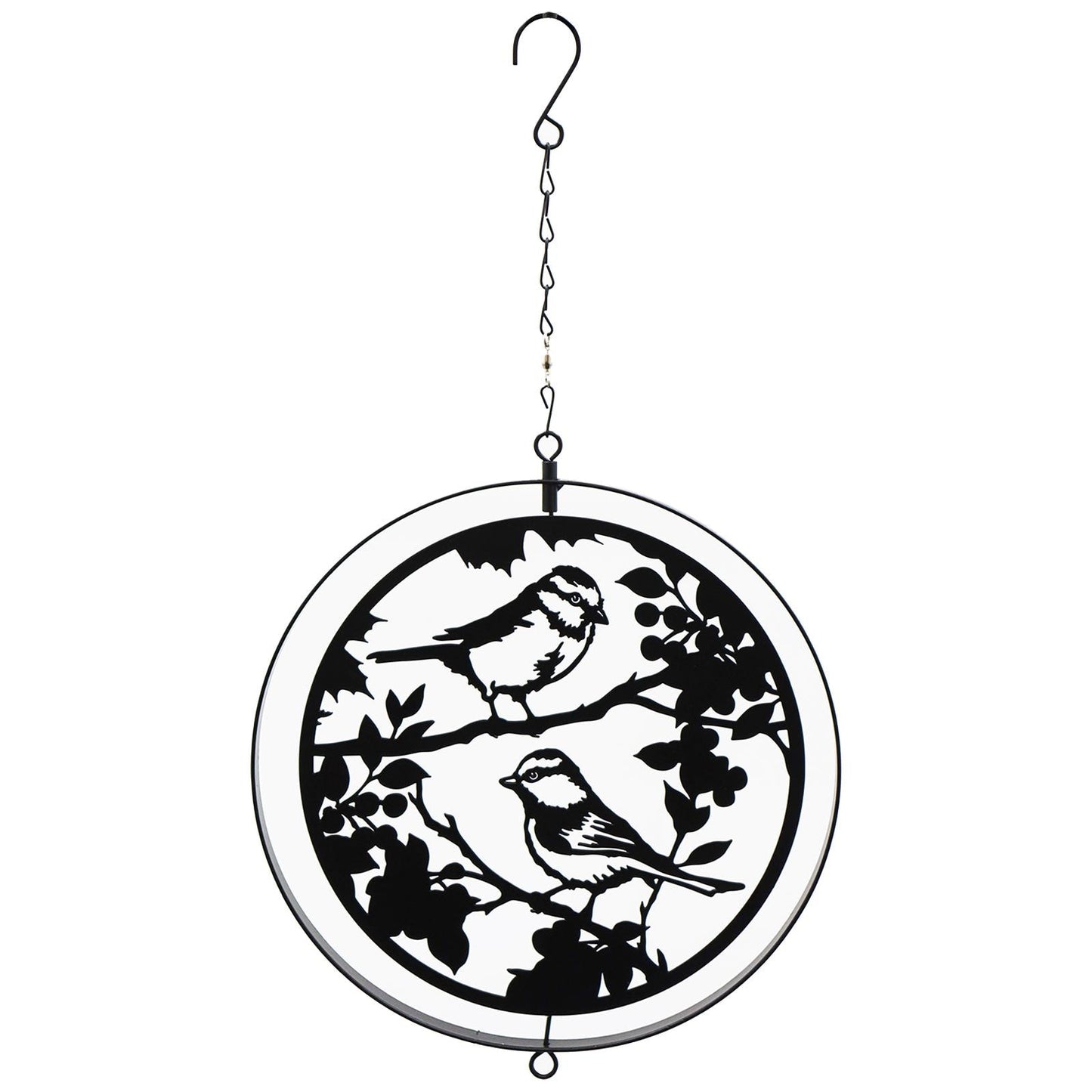 Black Metal Blue Tit Orbit Spinner - Elegant Kinetic Silhouette Décor for Indoor Outdoor Spaces
