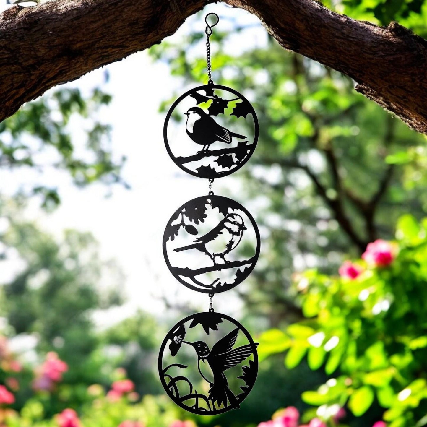 Black Bird Silhouette Hanging Spinner Trio - Metal Art for Elegant Outdoor Garden Décor - Charming Spinners for Serenity Delight