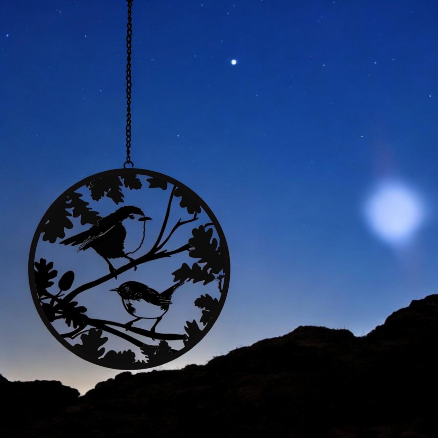 Black Robin and Wren Hanging Mirror Silhouette, Bird Wall Art for Home & Garden Décor