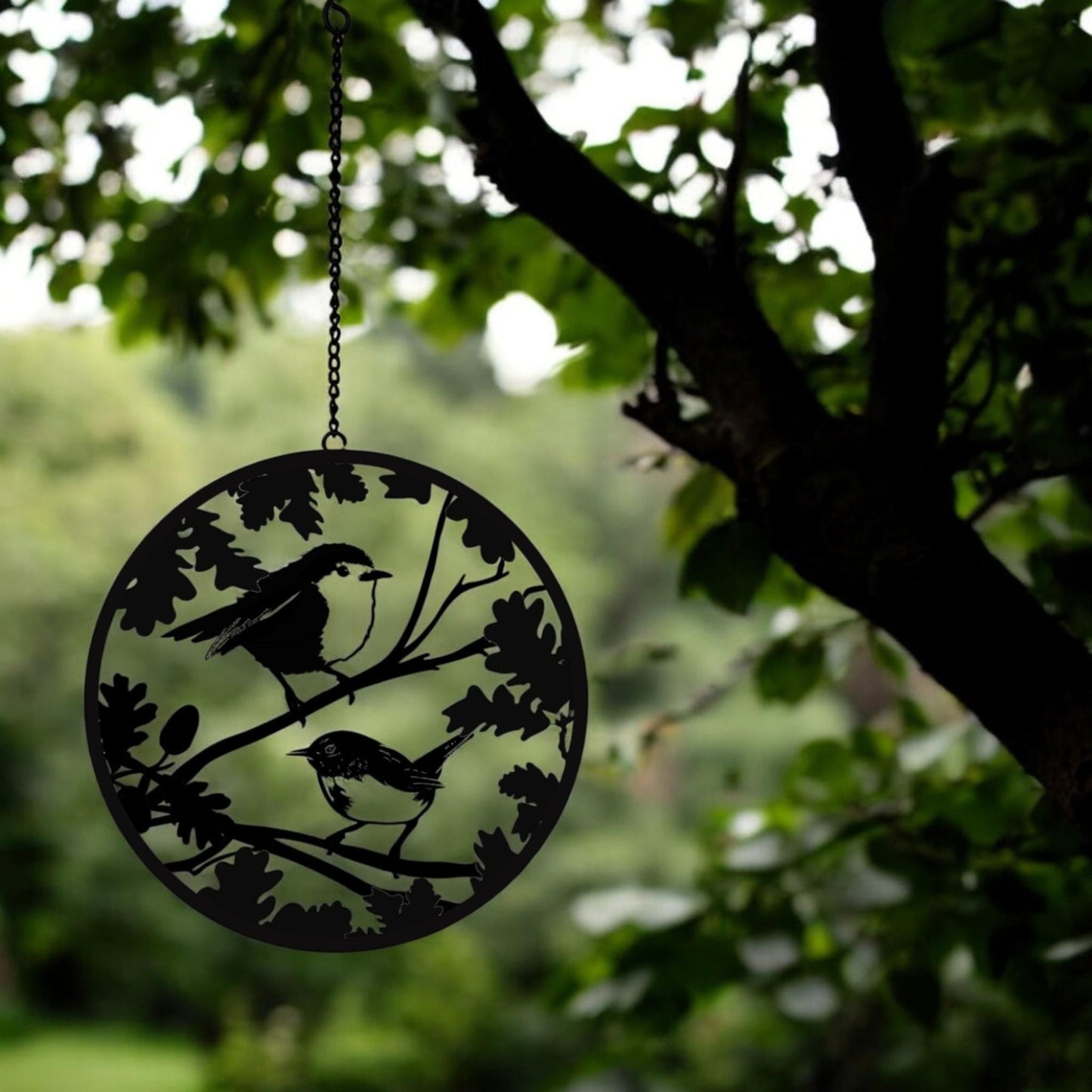 Black Robin and Wren Hanging Mirror Silhouette, Bird Wall Art for Home & Garden Décor