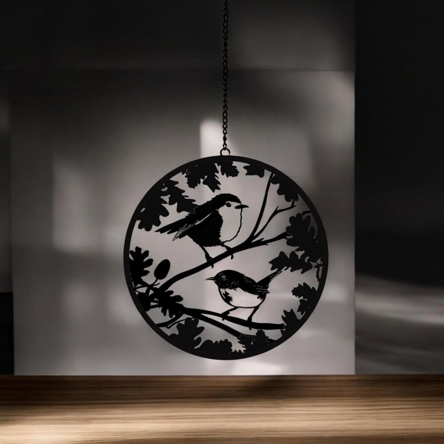 Black Robin and Wren Hanging Mirror Silhouette, Bird Wall Art for Home & Garden Décor