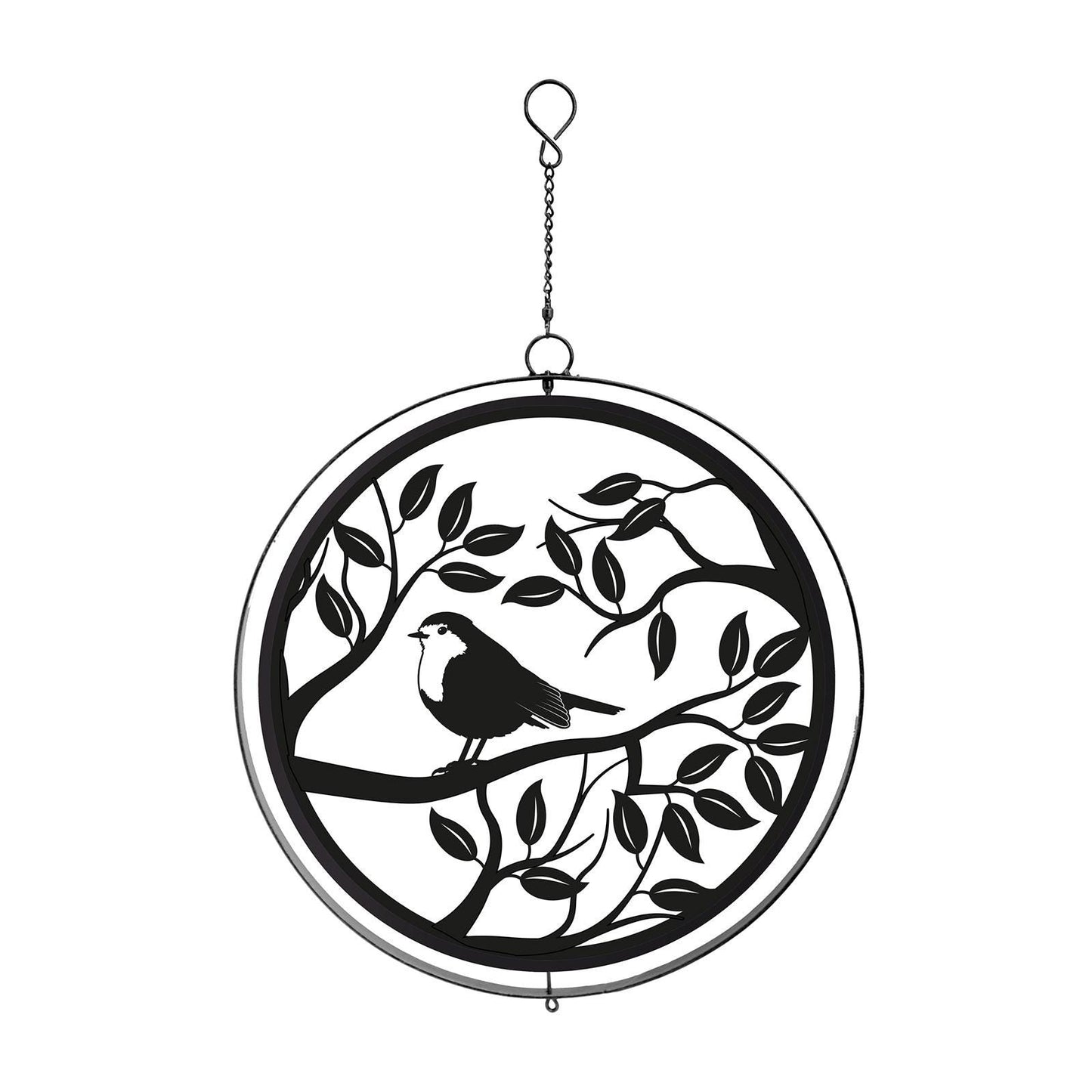 Metal Robin in Tree Silhouette Wind Spinner Garden Ornament - Black 28cm - Eye-Catching Art for Outdoor Spaces