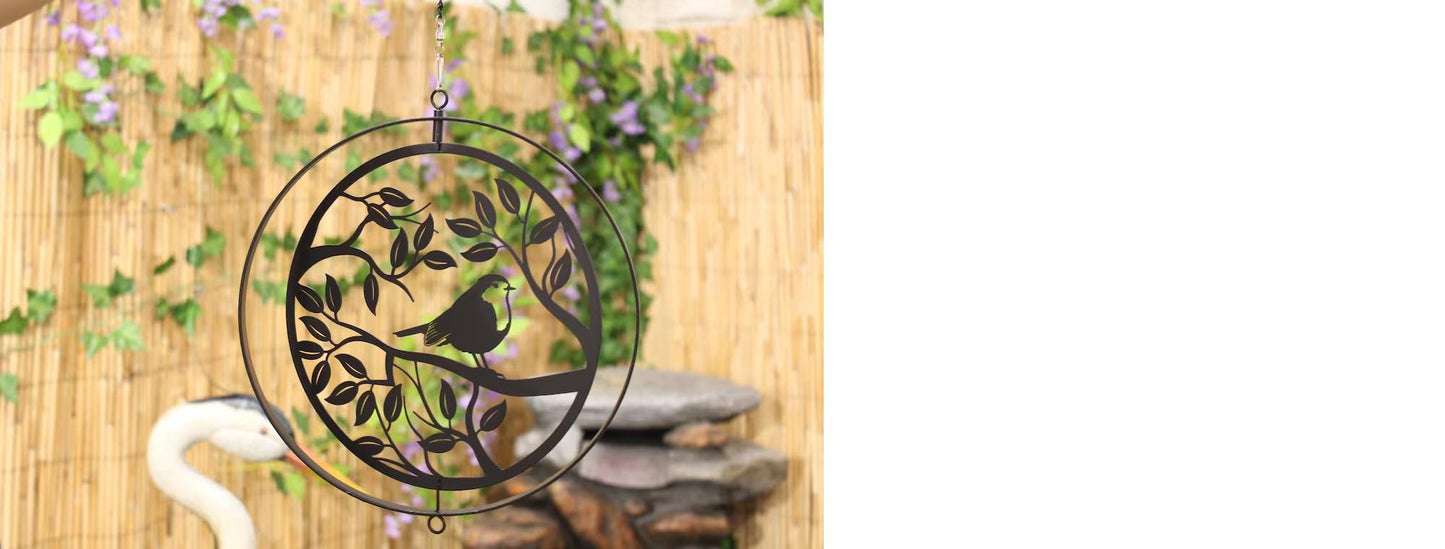 Metal Robin in Tree Silhouette Wind Spinner Garden Ornament - Black 28cm - Eye-Catching Art for Outdoor Spaces