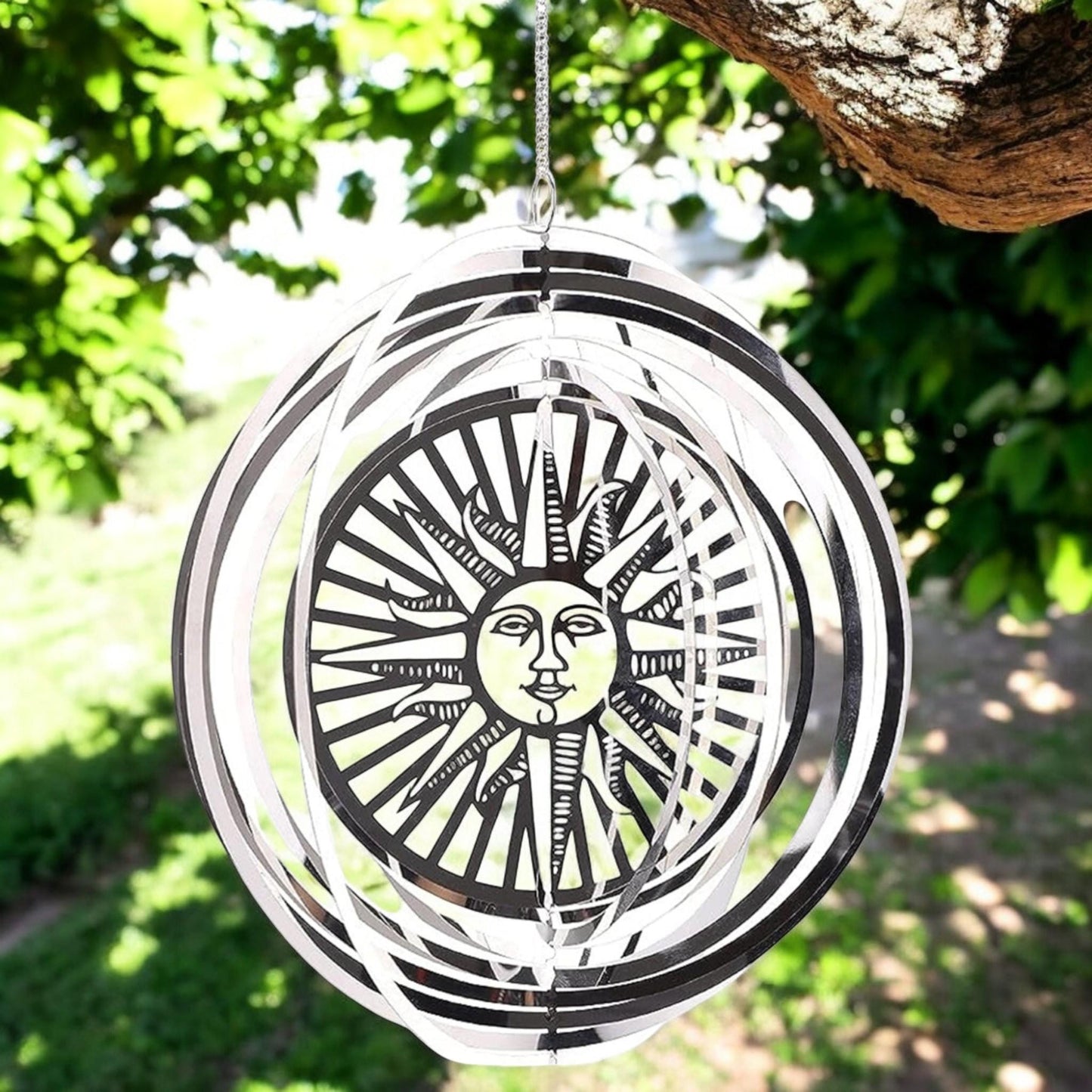Sun Wind Spinner - Stainless Steel Hanging Garden Décor, Outdoor Metal Art, Solar-Themed Yard Ornament, Kinetic Spinner, Unique Gift