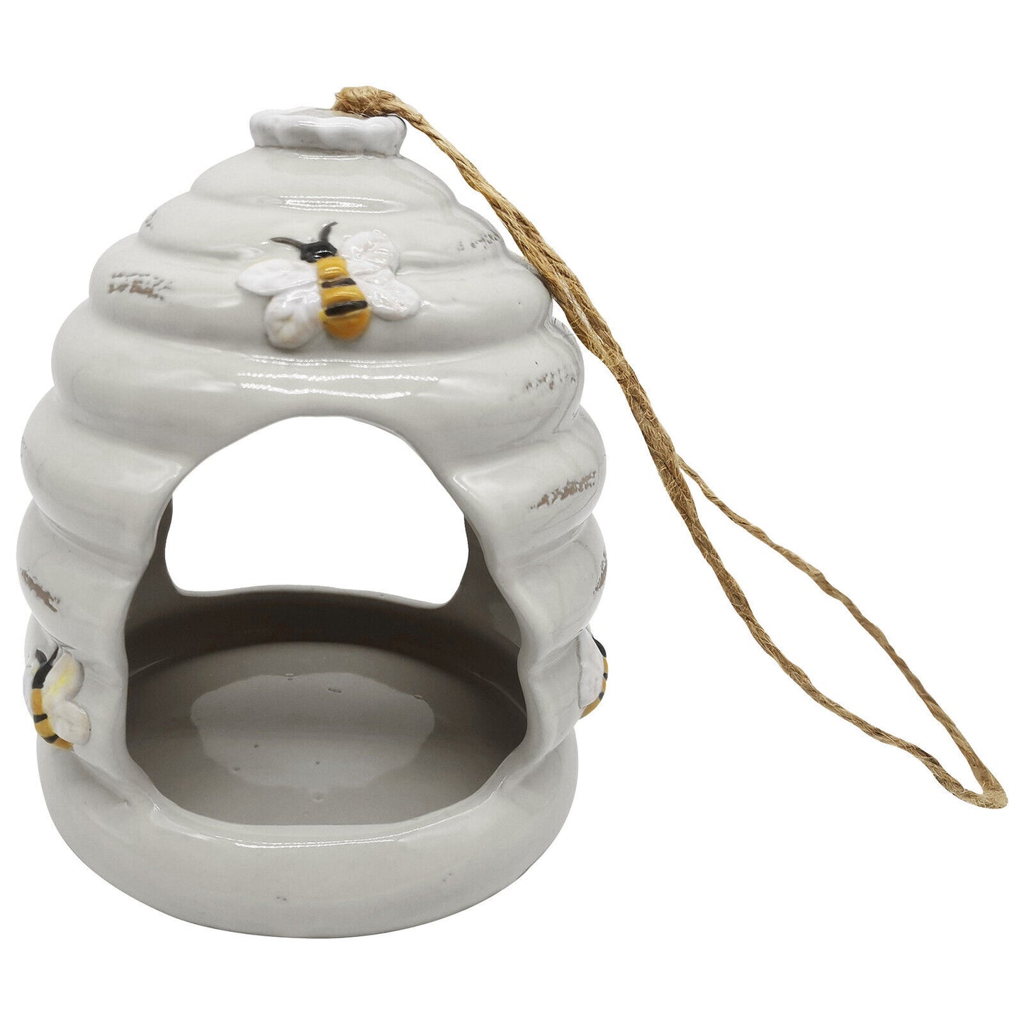 White Ceramic Honey Pot Bird Feeder, Decorative Garden Bird Feeder