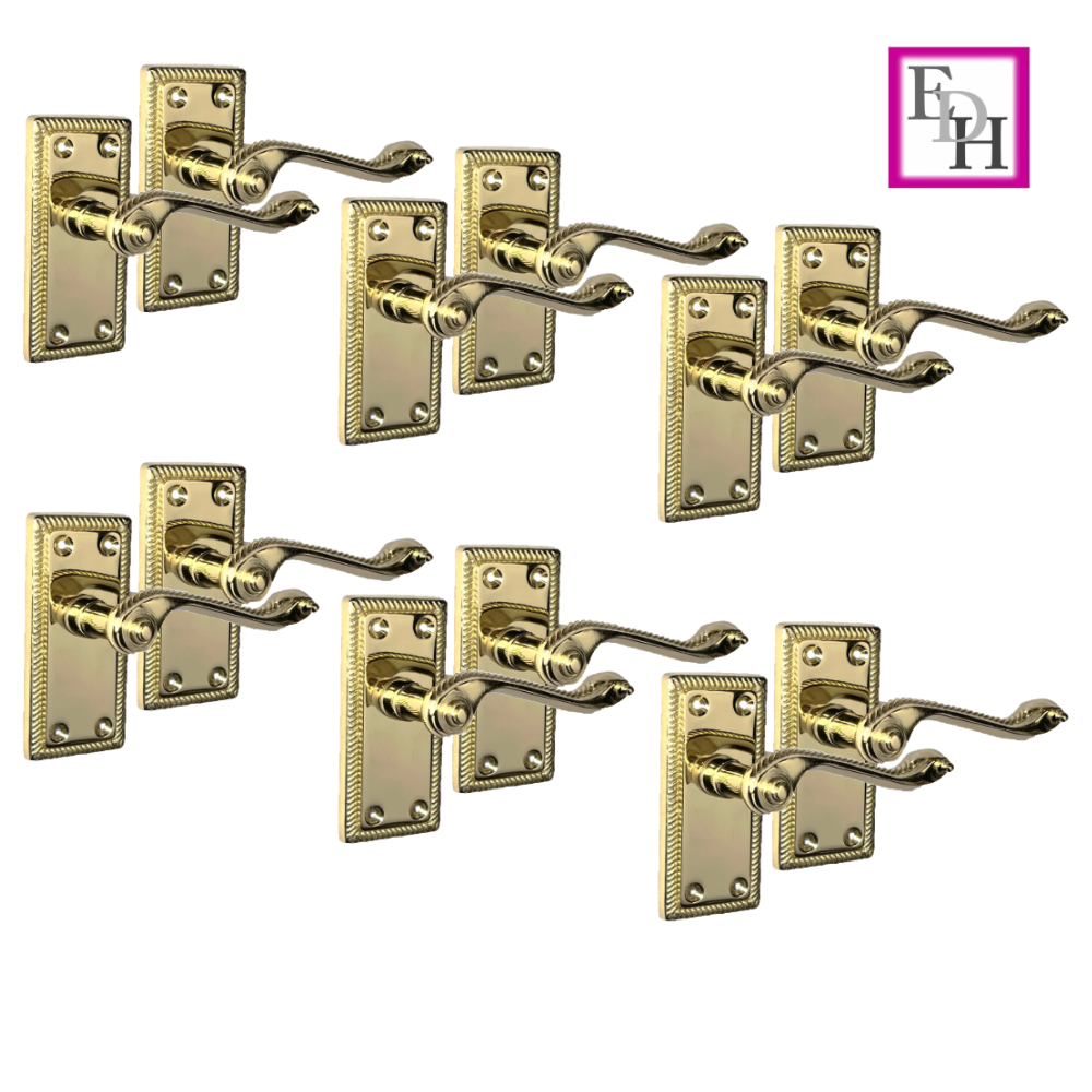Georgian Style Scroll Brass Finish Internal Door Handles, 6 Pairs + Latch