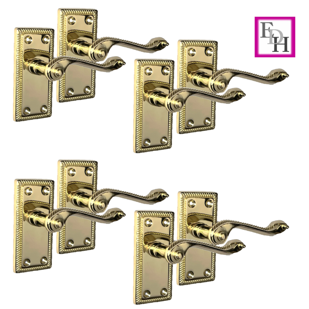 Georgian Style Scroll Brass Finish Internal Door Handles, 6 Pairs + Latch