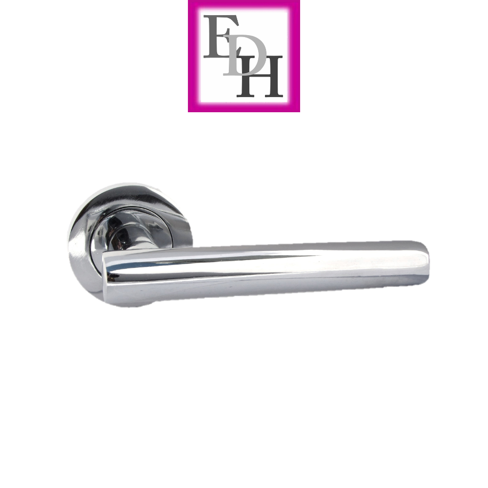 Modern Chrome Straight T-Bar Door Handles with Round Rose + Tubular Latch