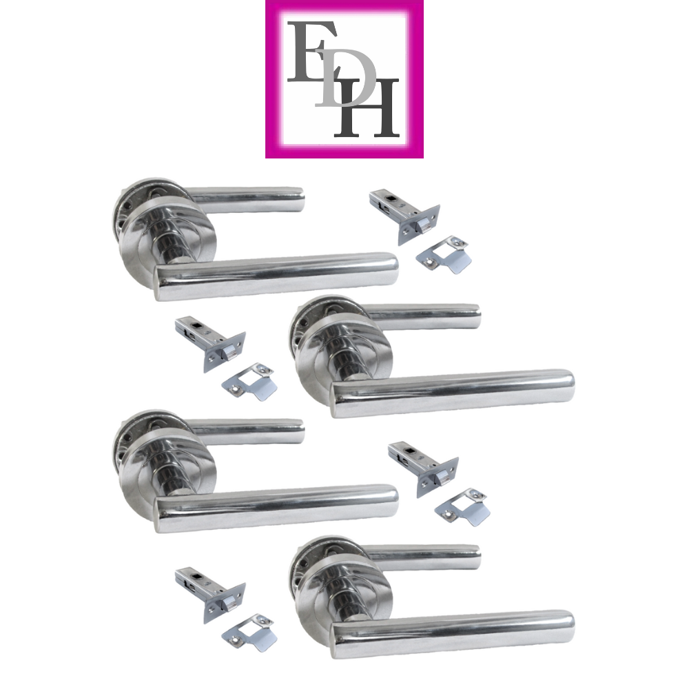Modern Chrome Straight T-Bar Door Handles with Round Rose + Tubular Latch