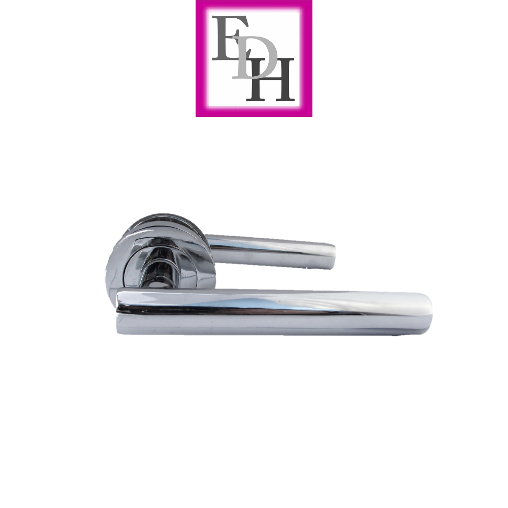 Modern Chrome Straight T-Bar Door Handles with Round Rose + Tubular Latch