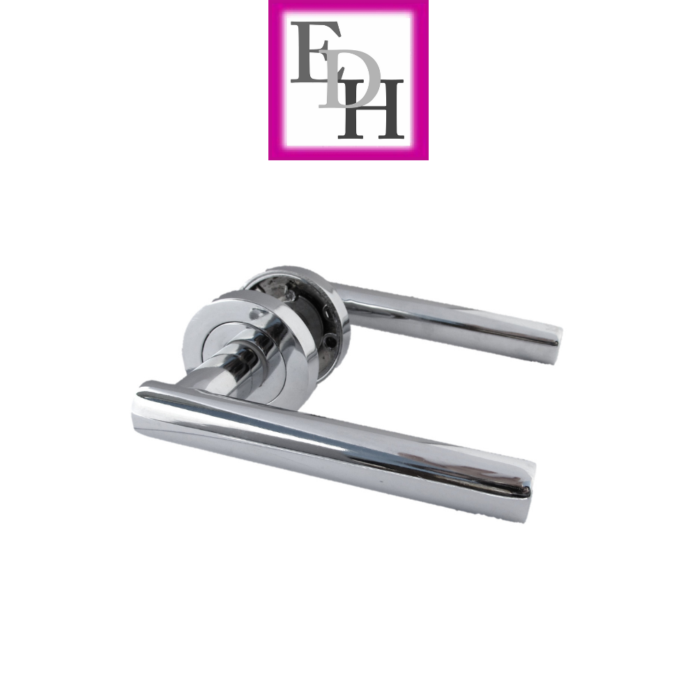Modern Chrome Straight T-Bar Door Handles with Round Rose + Tubular Latch