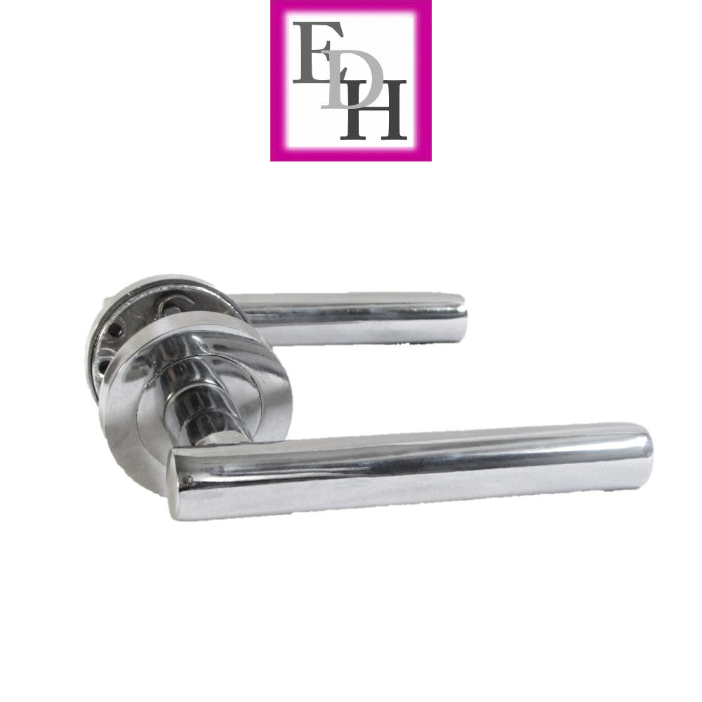 Modern Chrome Straight T-Bar Door Handles with Round Rose + Tubular Latch