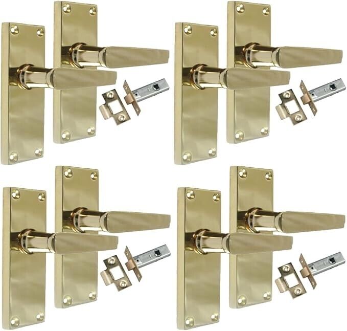 InteriorDoor Handles Victorian Straight Lever Latch Brass Finish + Tubular Latch, 4 Pairs