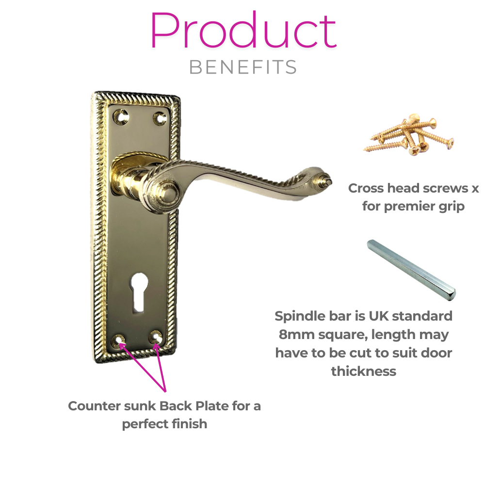Georgian Style Scroll Brass Finish Door Handles, Internal Door Handles, 4 Pairs