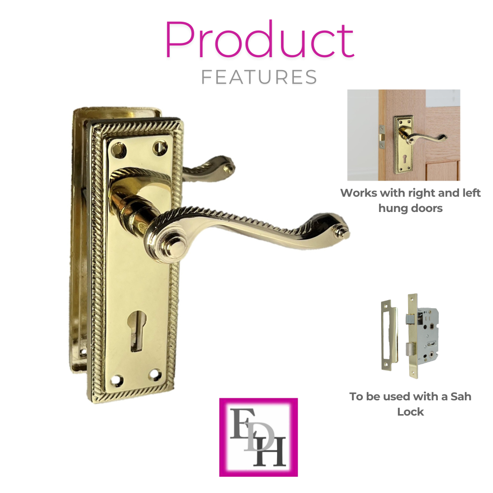 Georgian Style Scroll Brass Finish Door Handles, Internal Door Handles, 4 Pairs