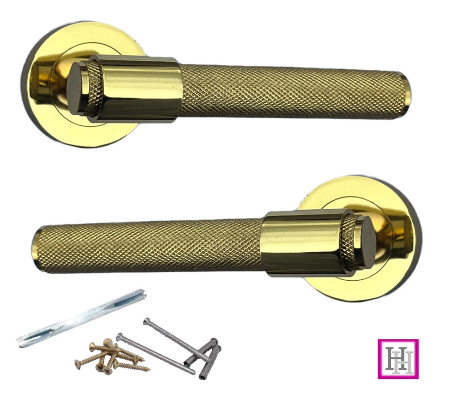 Knurled Door Handles Polished Brass Loop & Neck On Round Rose Lach Handle, 1 Pair
