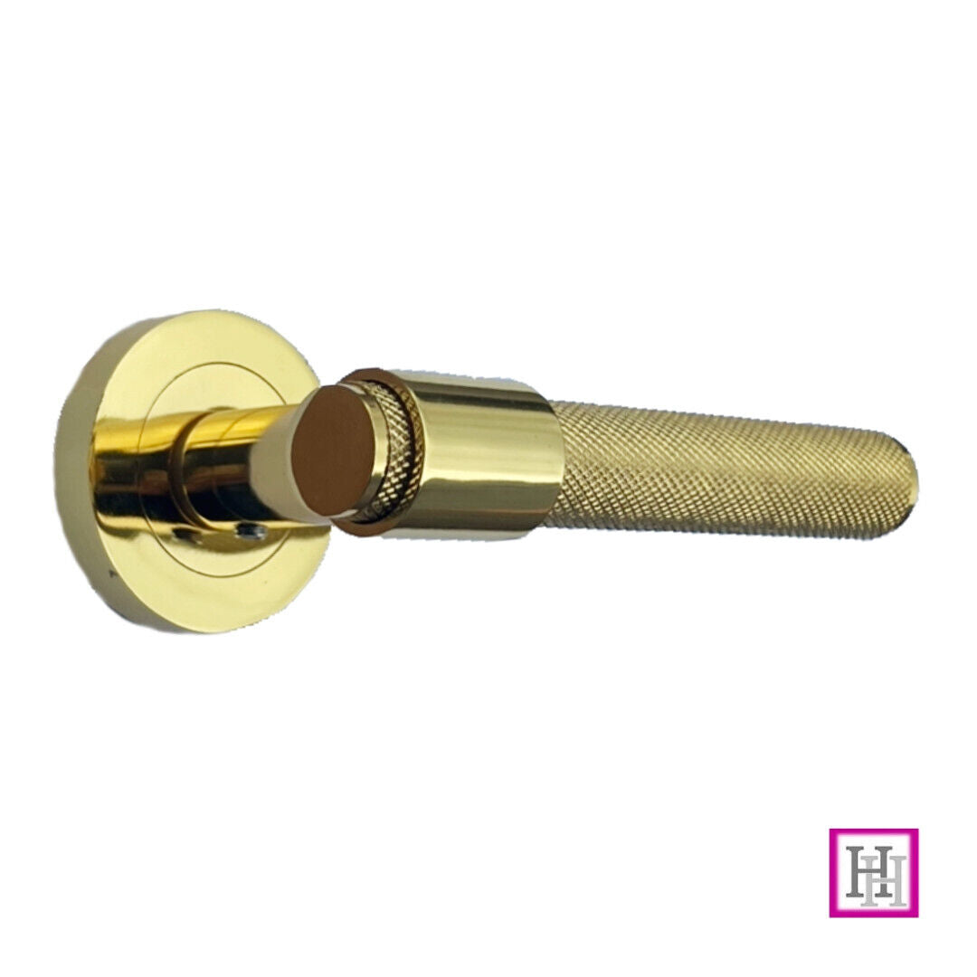 Knurled Door Handles Polished Brass Loop & Neck On Round Rose Lach Handle, 1 Pair