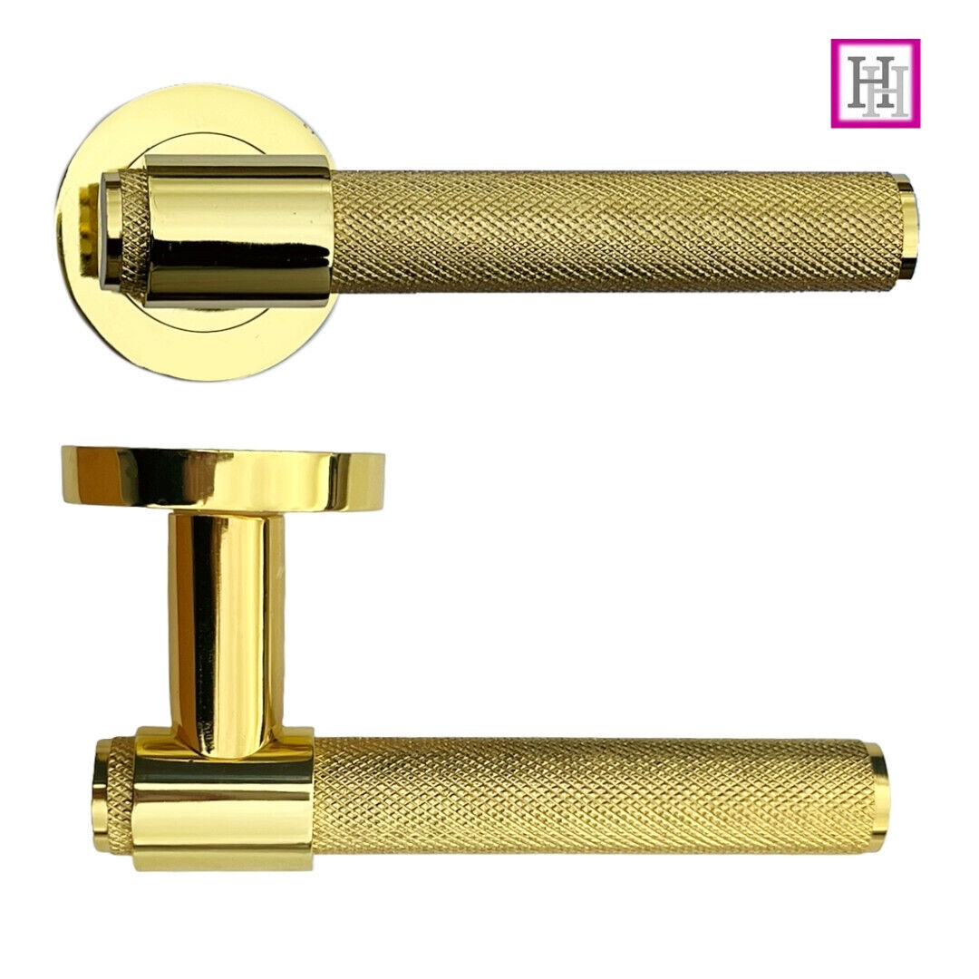Knurled Door Handles Polished Brass Loop & Neck On Round Rose Lach Handle, 1 Pair