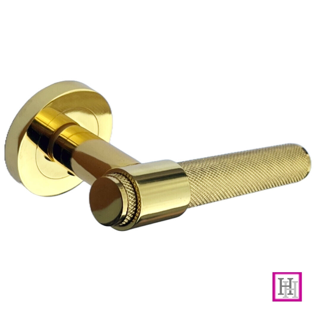 Knurled Door Handles Polished Brass Loop & Neck On Round Rose Latch Handle, 6 Pairs