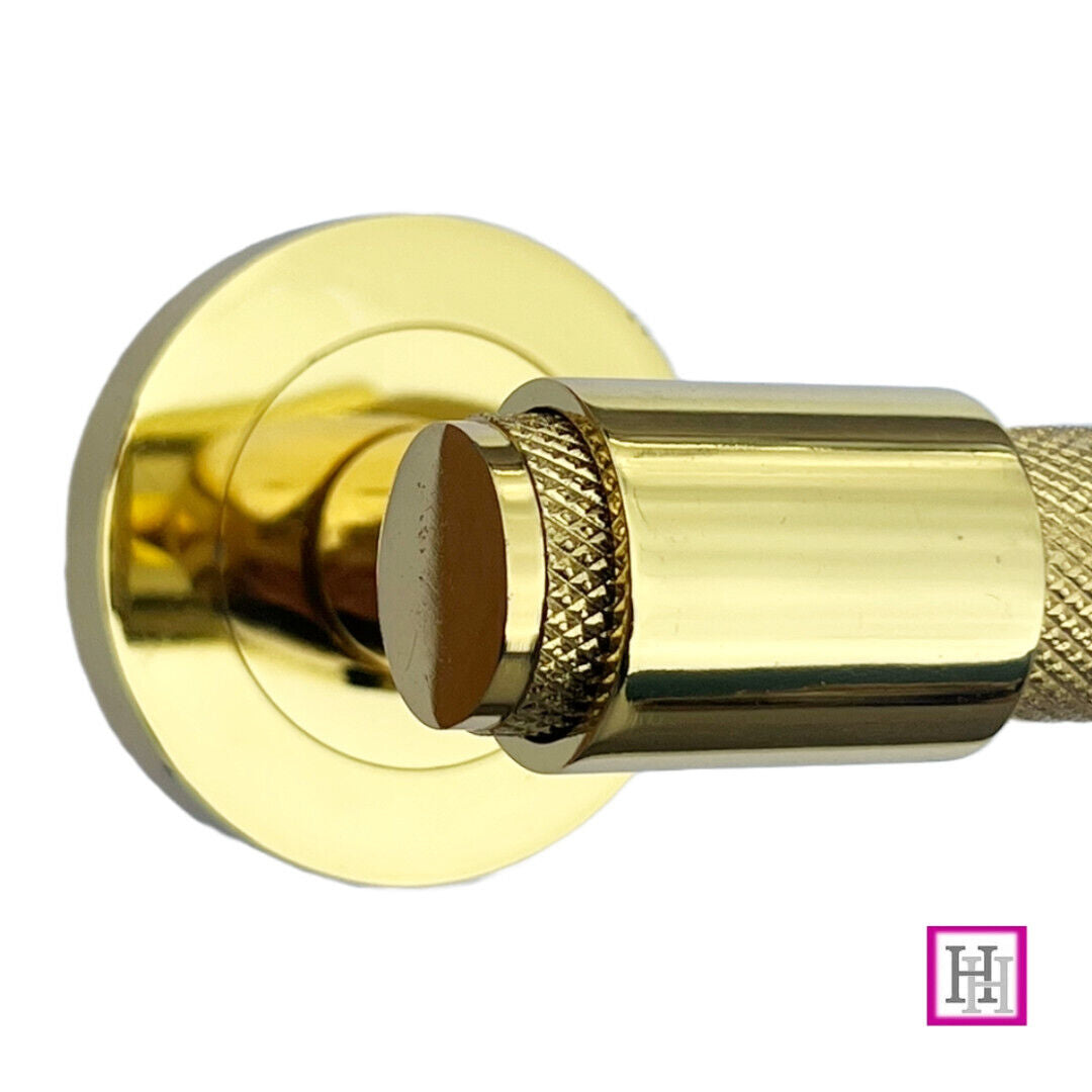 Knurled Door Handles Polished Brass Loop & Neck On Round Rose Latch Handle, 6 Pairs