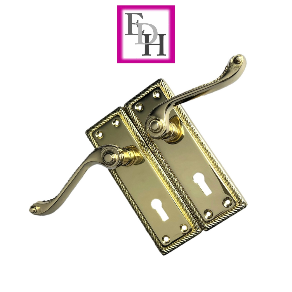 Georgian Style Scroll Brass Finish Door Handles, Internal, 4 Sets