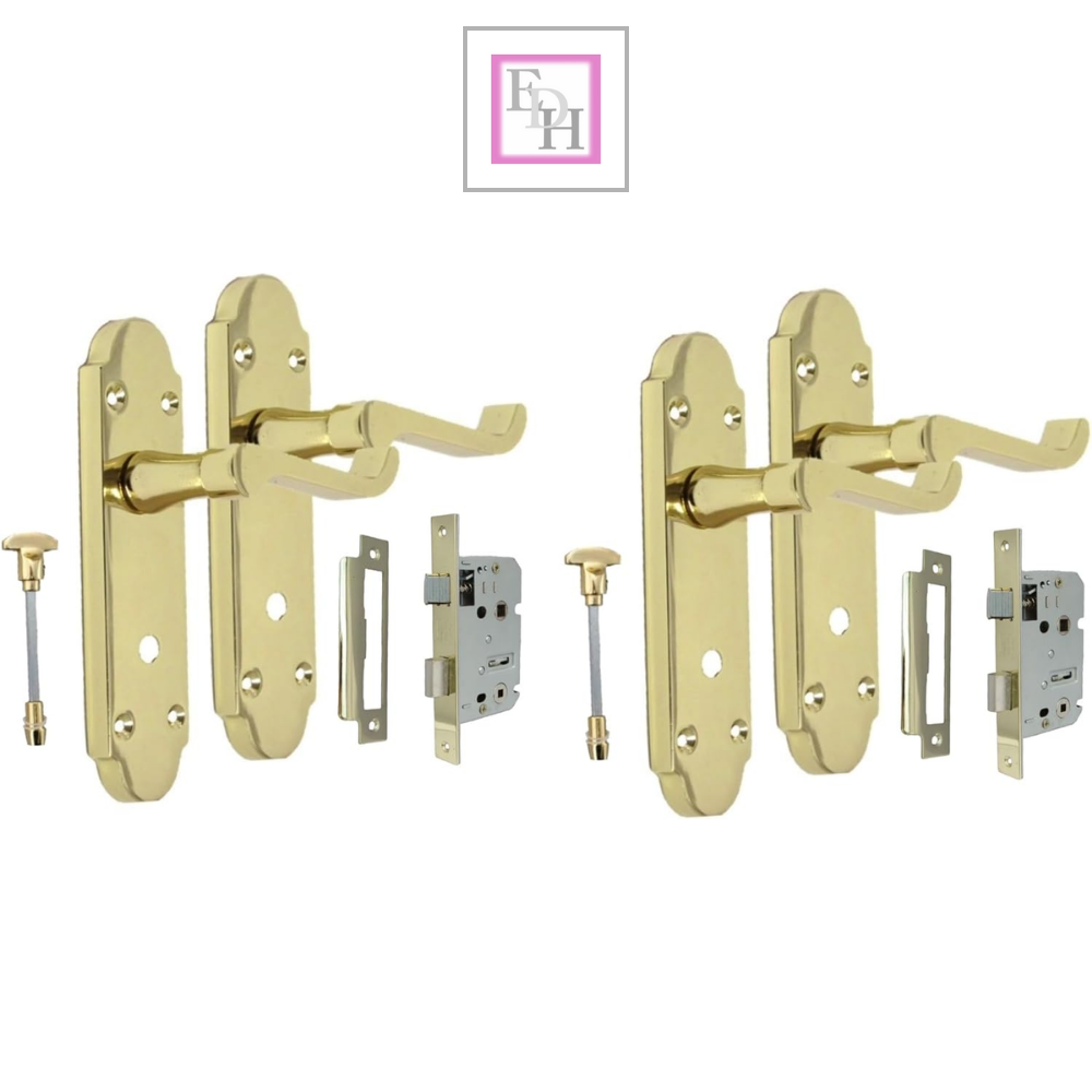 Brass Finish Epsom Victorian Scroll on Shaped Back Plate Lock Door Handle 2 Pair