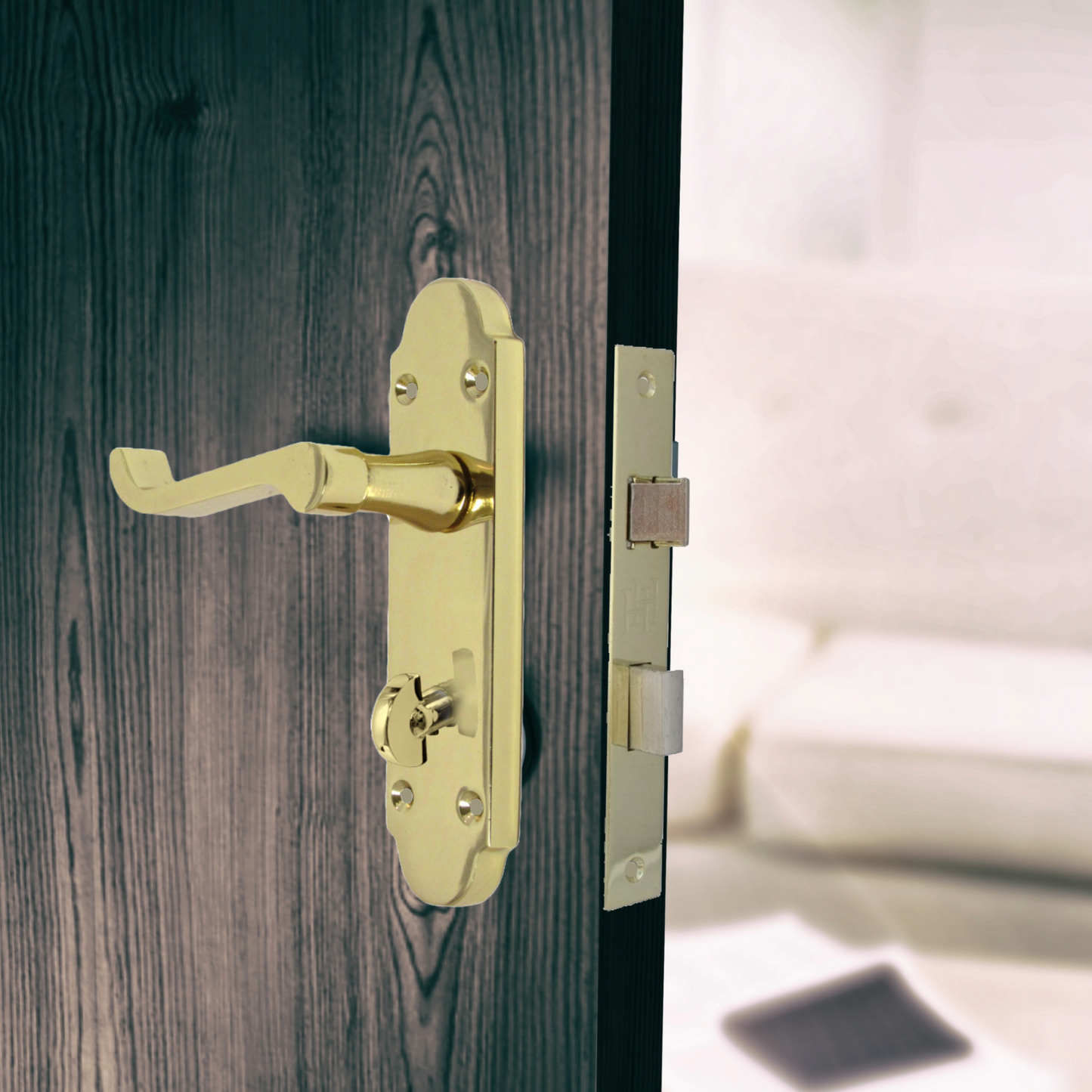 Brass Finish Epsom Victorian Scroll on Shaped Back Plate Lock Door Handle