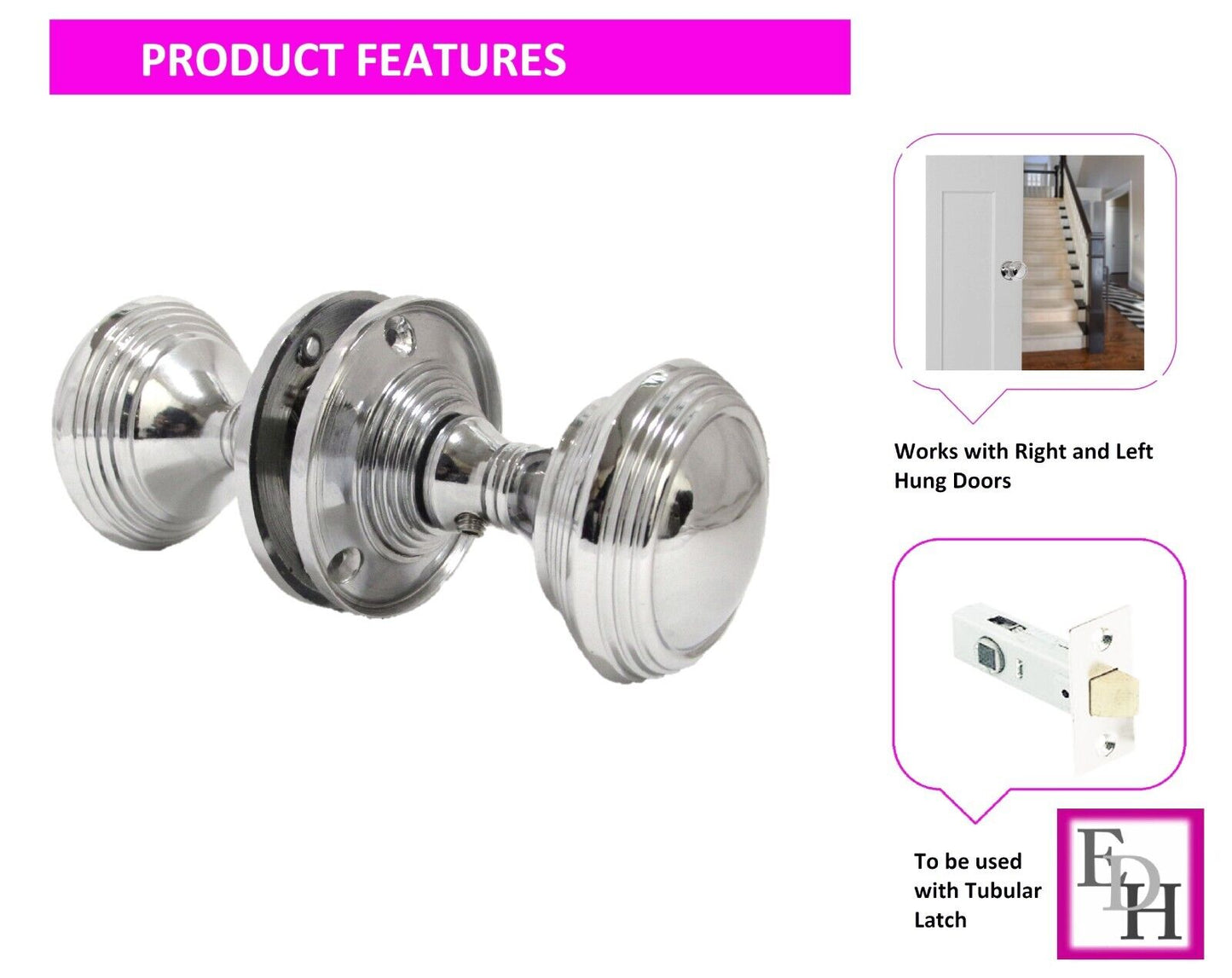 Door Knob Polished Chrome Queen Anne Reeded Door Handles LARGE ROSE PLATE